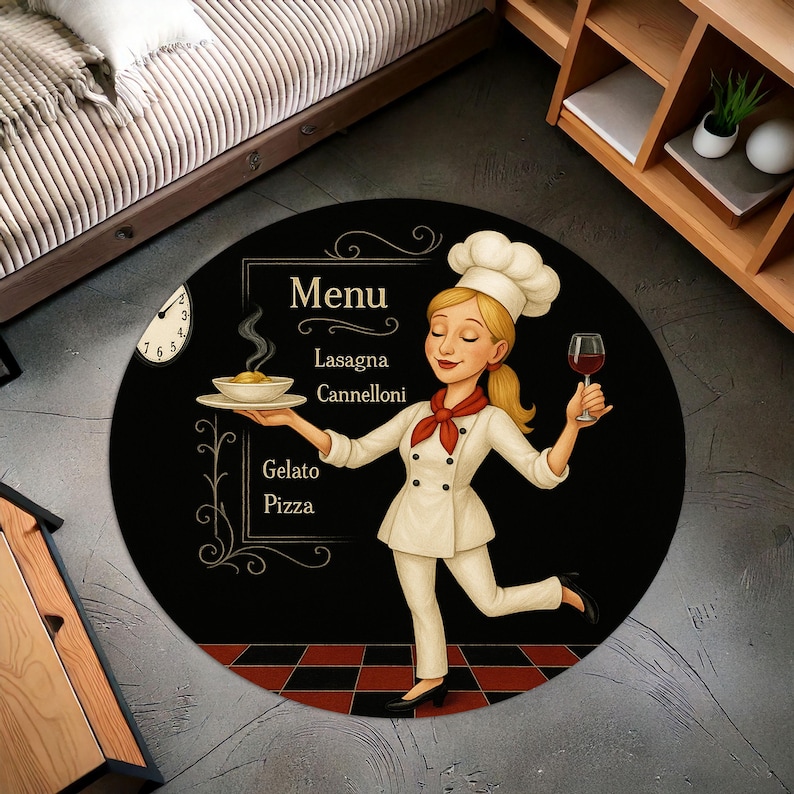 Home Cooking Menu - Blonde Chef Round Kitchen Rug, Retro